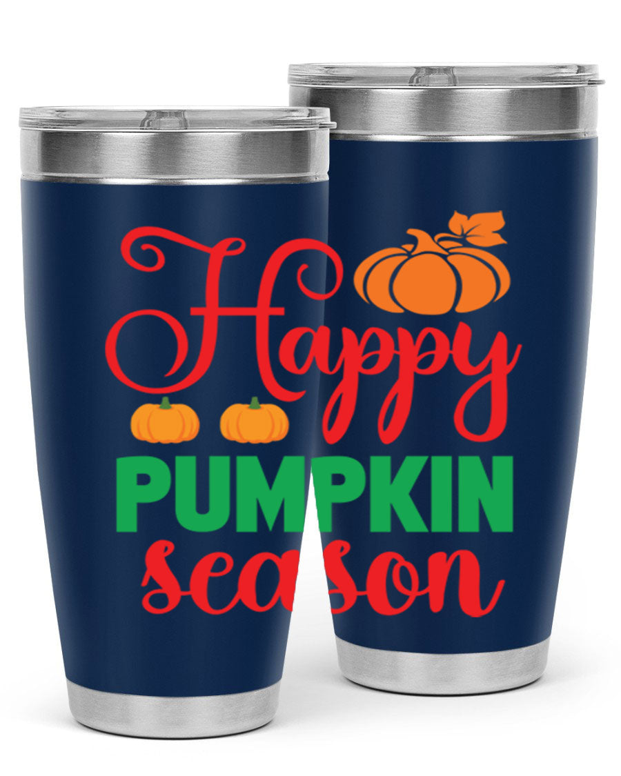 HAPPYPUMPKINSEASON 257# fall tumbler in vibrant autumn colors, showcasing its double wall vacuum design and drink-thru lid.