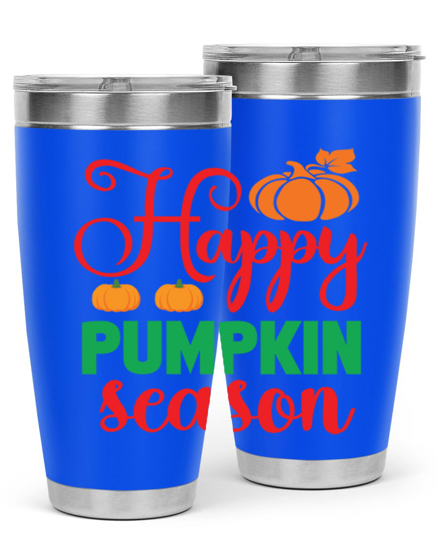 HAPPYPUMPKINSEASON 257# fall tumbler in vibrant autumn colors, showcasing its double wall vacuum design and drink-thru lid.