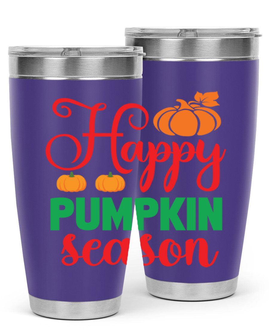 HAPPYPUMPKINSEASON 257# fall tumbler in vibrant autumn colors, showcasing its double wall vacuum design and drink-thru lid.