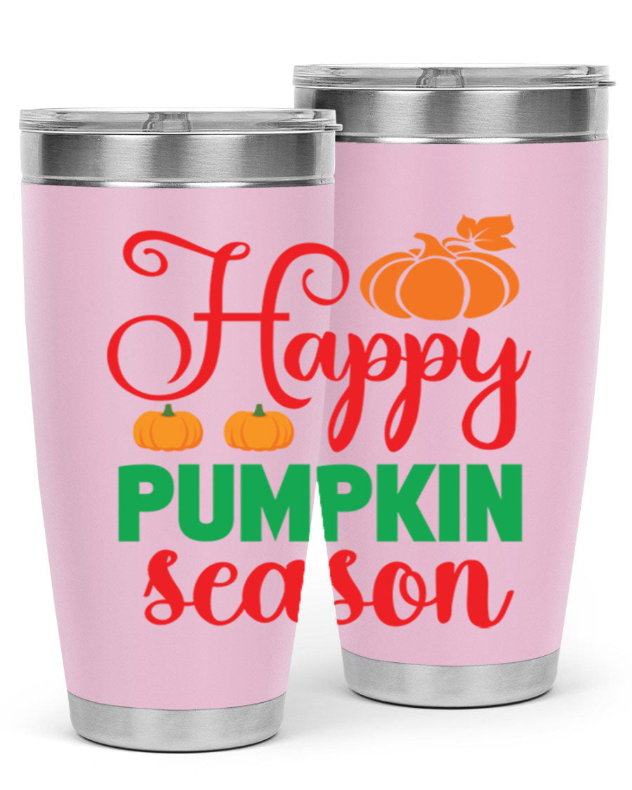 HAPPYPUMPKINSEASON 257# fall tumbler in vibrant autumn colors, showcasing its double wall vacuum design and drink-thru lid.