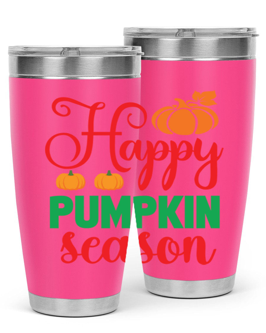HAPPYPUMPKINSEASON 257# fall tumbler in vibrant autumn colors, showcasing its double wall vacuum design and drink-thru lid.