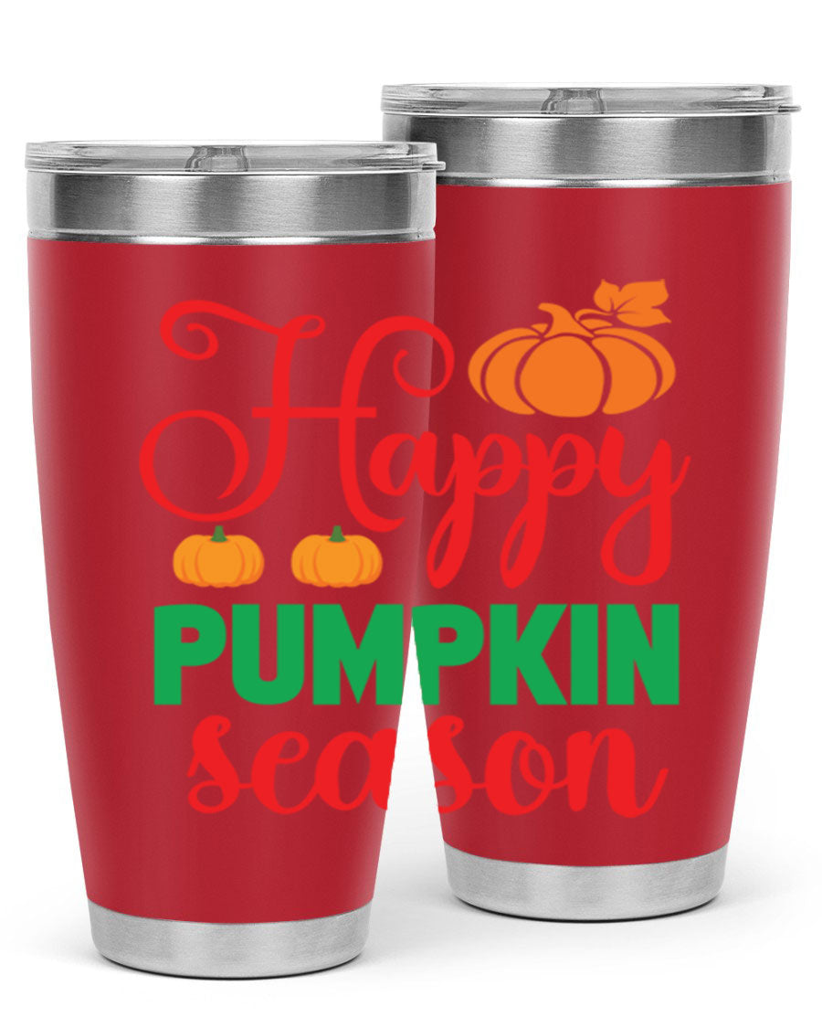 HAPPYPUMPKINSEASON 257# fall tumbler in vibrant autumn colors, showcasing its double wall vacuum design and drink-thru lid.