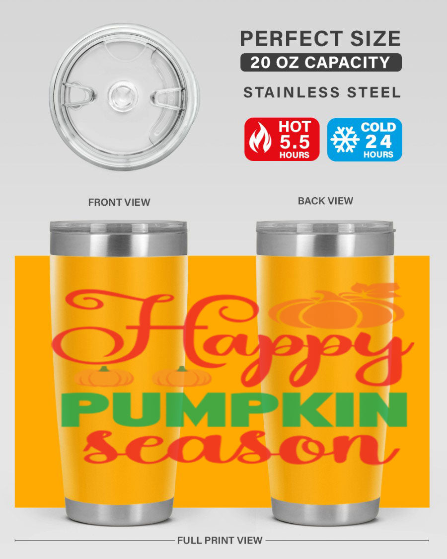 HAPPYPUMPKINSEASON 257# fall tumbler in vibrant autumn colors, showcasing its double wall vacuum design and drink-thru lid.