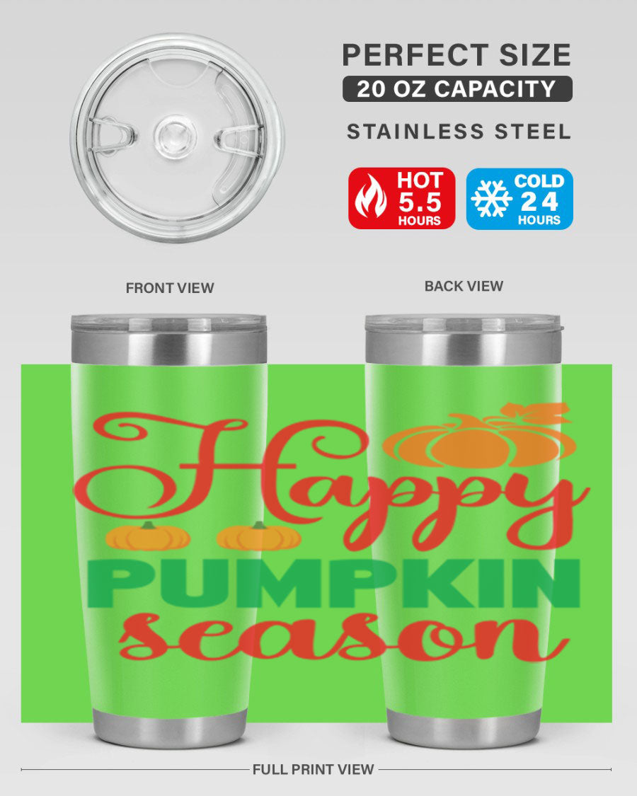 HAPPYPUMPKINSEASON 257# fall tumbler in vibrant autumn colors, showcasing its double wall vacuum design and drink-thru lid.
