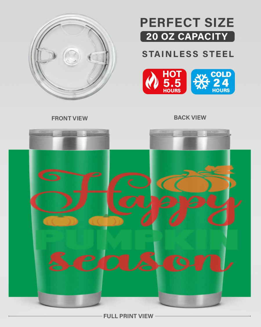 HAPPYPUMPKINSEASON 257# fall tumbler in vibrant autumn colors, showcasing its double wall vacuum design and drink-thru lid.