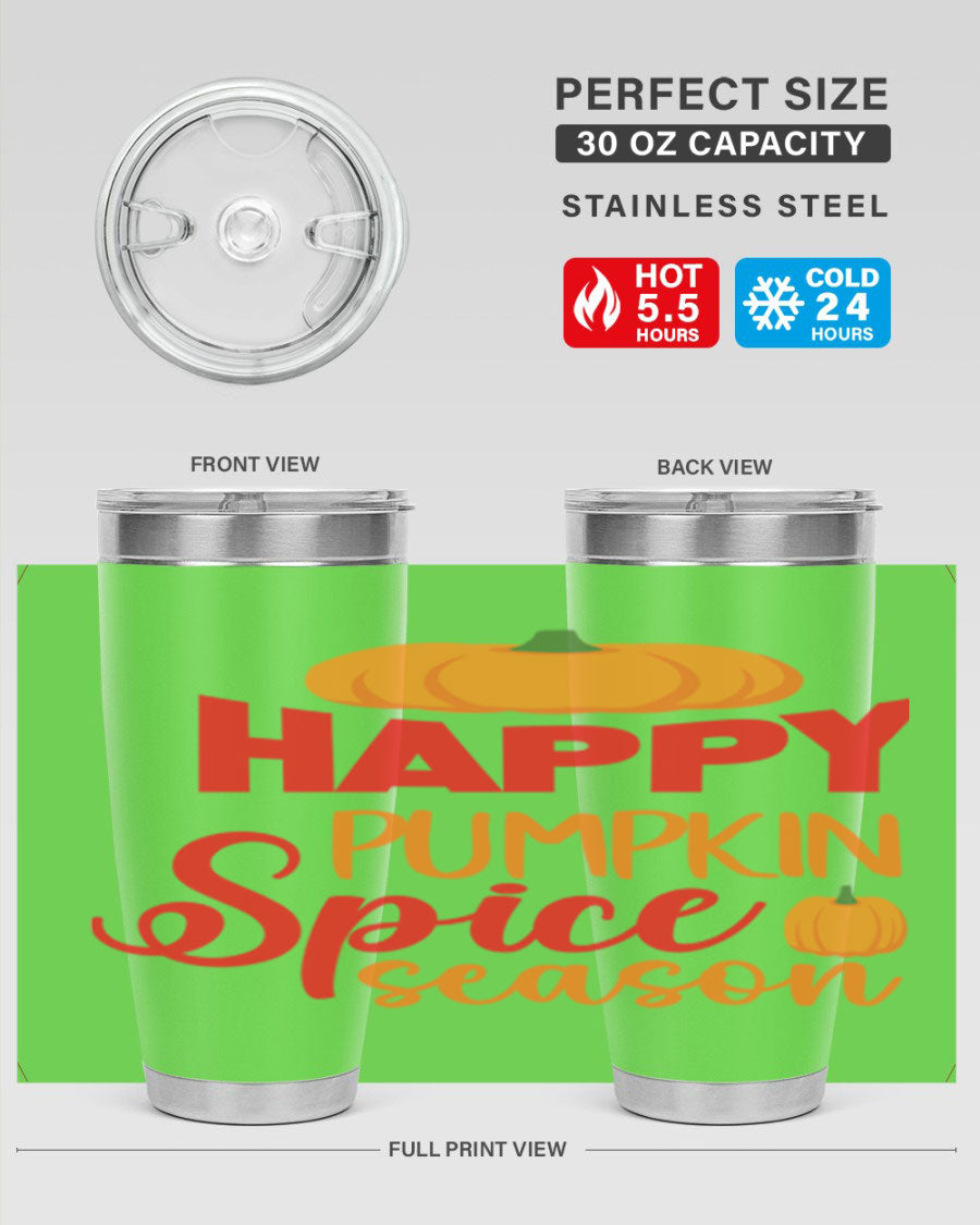 HappyPumpkinSpiceSeason 20oz Tumbler featuring a double wall vacuum design, copper lining, and a drink-thru lid, perfect for fall beverages.