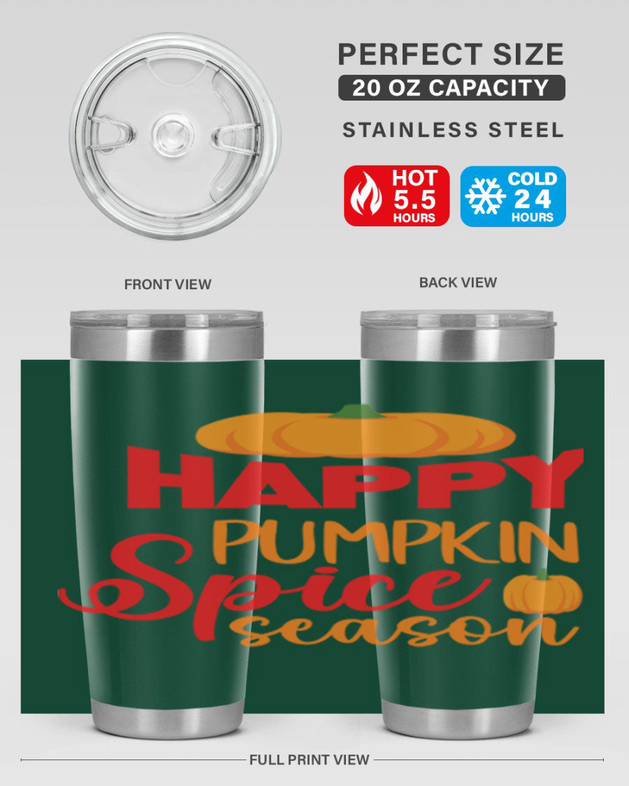 HappyPumpkinSpiceSeason 20oz Tumbler featuring a double wall vacuum design, copper lining, and a drink-thru lid, perfect for fall beverages.