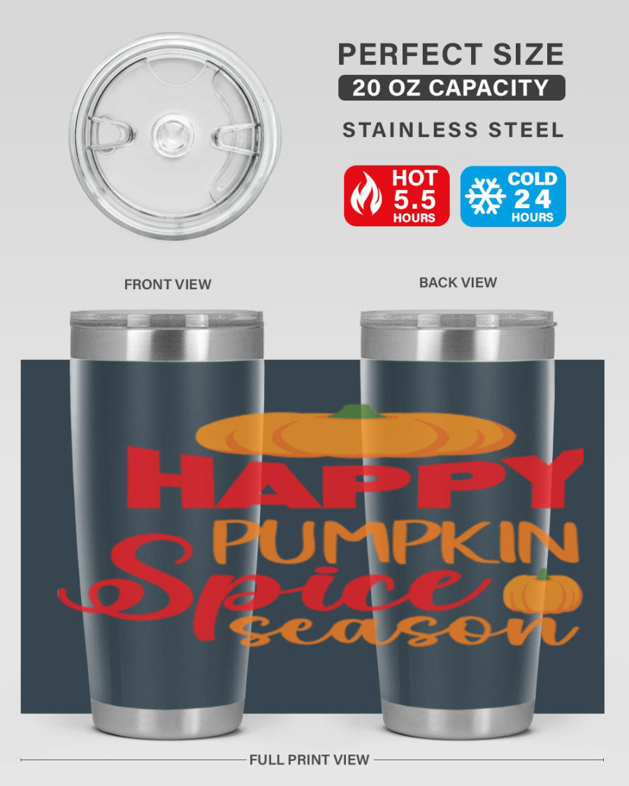 HappyPumpkinSpiceSeason 20oz Tumbler featuring a double wall vacuum design, copper lining, and a drink-thru lid, perfect for fall beverages.
