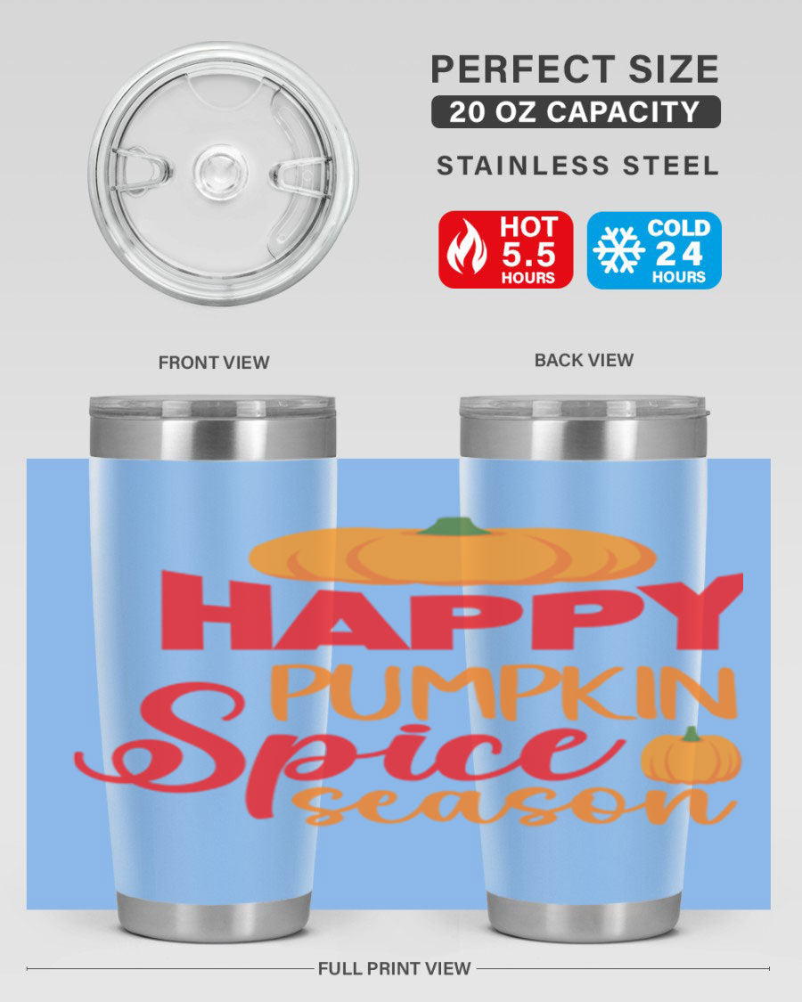 HappyPumpkinSpiceSeason 20oz Tumbler featuring a double wall vacuum design, copper lining, and a drink-thru lid, perfect for fall beverages.