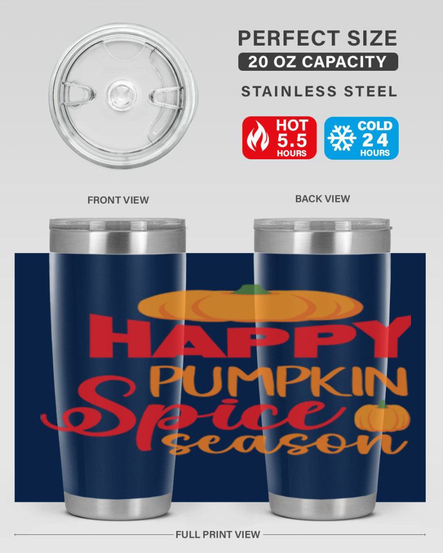 HappyPumpkinSpiceSeason 20oz Tumbler featuring a double wall vacuum design, copper lining, and a drink-thru lid, perfect for fall beverages.