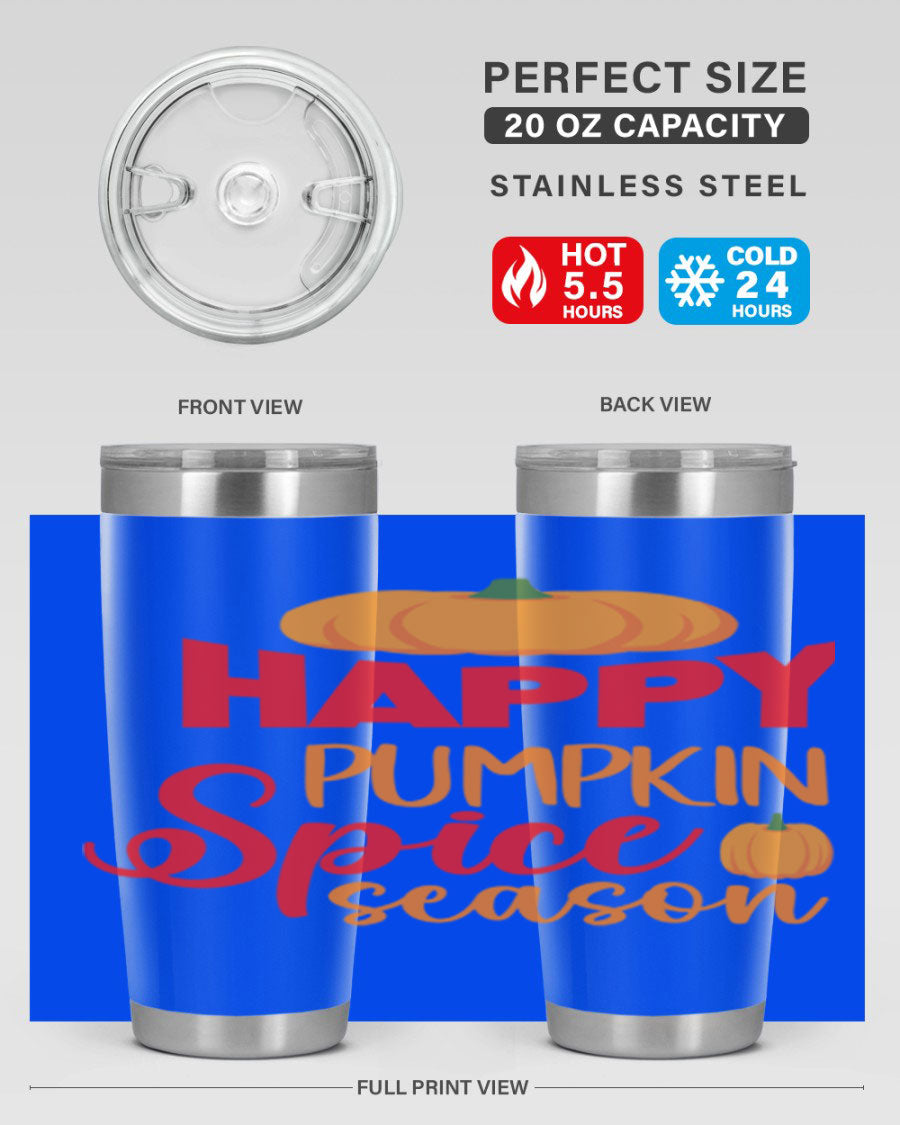 HappyPumpkinSpiceSeason 20oz Tumbler featuring a double wall vacuum design, copper lining, and a drink-thru lid, perfect for fall beverages.