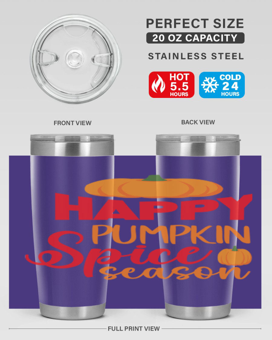 HappyPumpkinSpiceSeason 20oz Tumbler featuring a double wall vacuum design, copper lining, and a drink-thru lid, perfect for fall beverages.