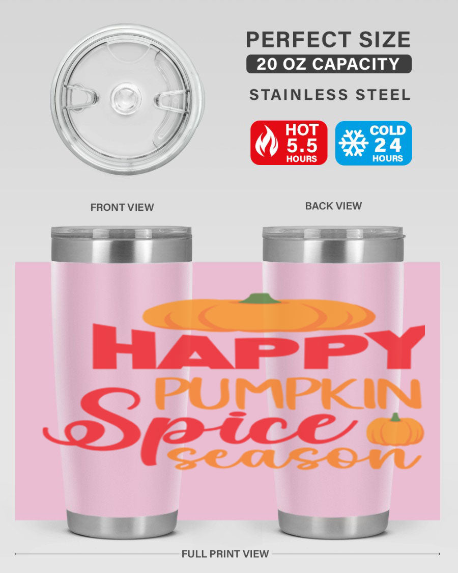 HappyPumpkinSpiceSeason 20oz Tumbler featuring a double wall vacuum design, copper lining, and a drink-thru lid, perfect for fall beverages.