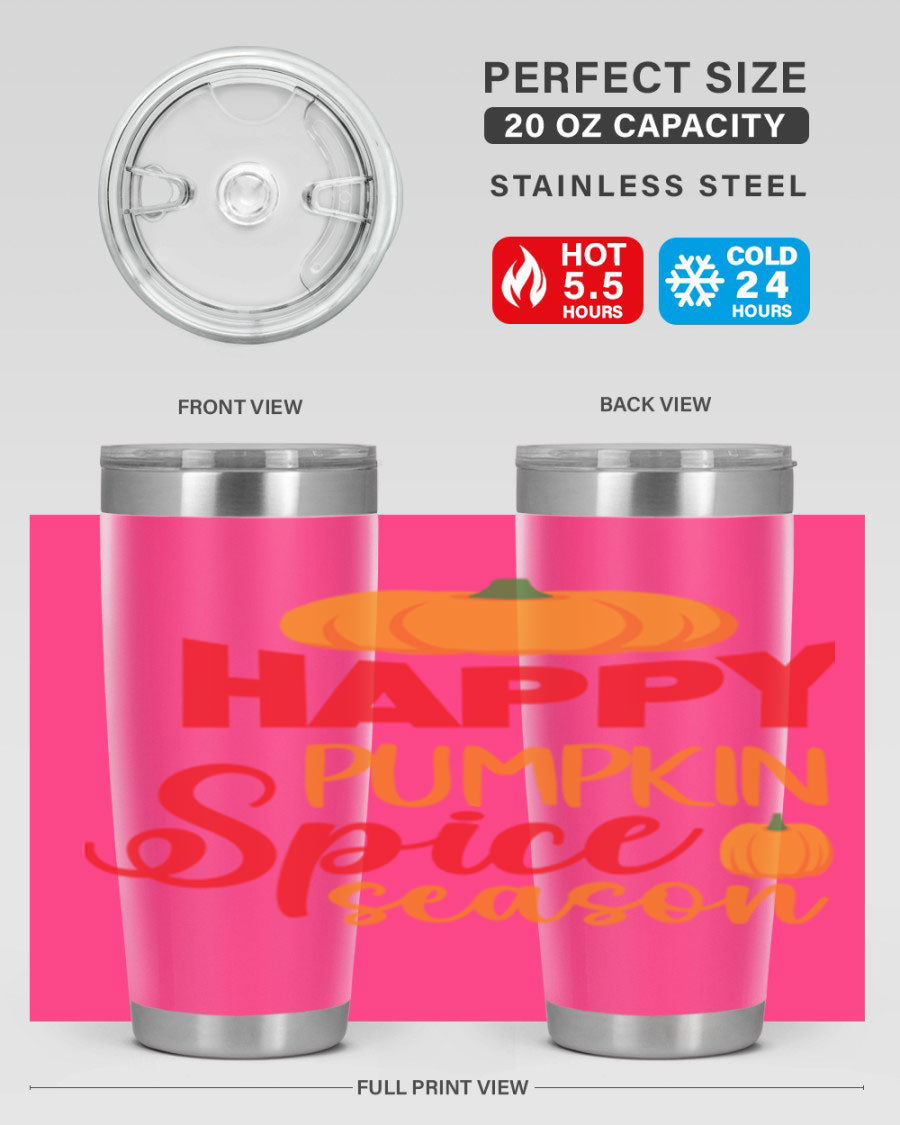 HappyPumpkinSpiceSeason 20oz Tumbler featuring a double wall vacuum design, copper lining, and a drink-thru lid, perfect for fall beverages.