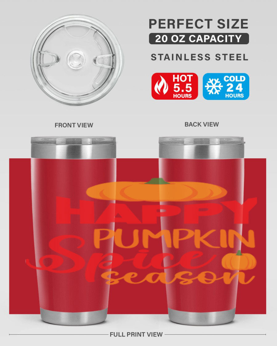 HappyPumpkinSpiceSeason 20oz Tumbler featuring a double wall vacuum design, copper lining, and a drink-thru lid, perfect for fall beverages.