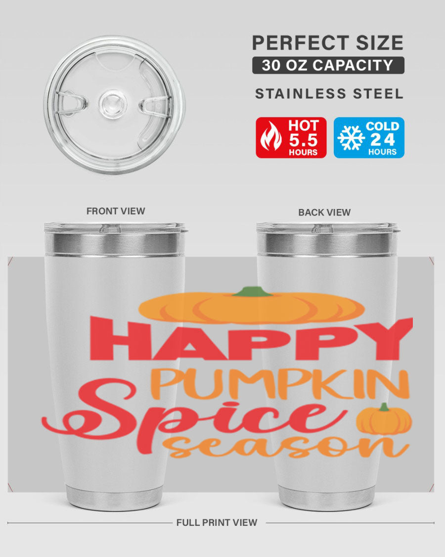 HappyPumpkinSpiceSeason 20oz Tumbler featuring a double wall vacuum design, copper lining, and a drink-thru lid, perfect for fall beverages.