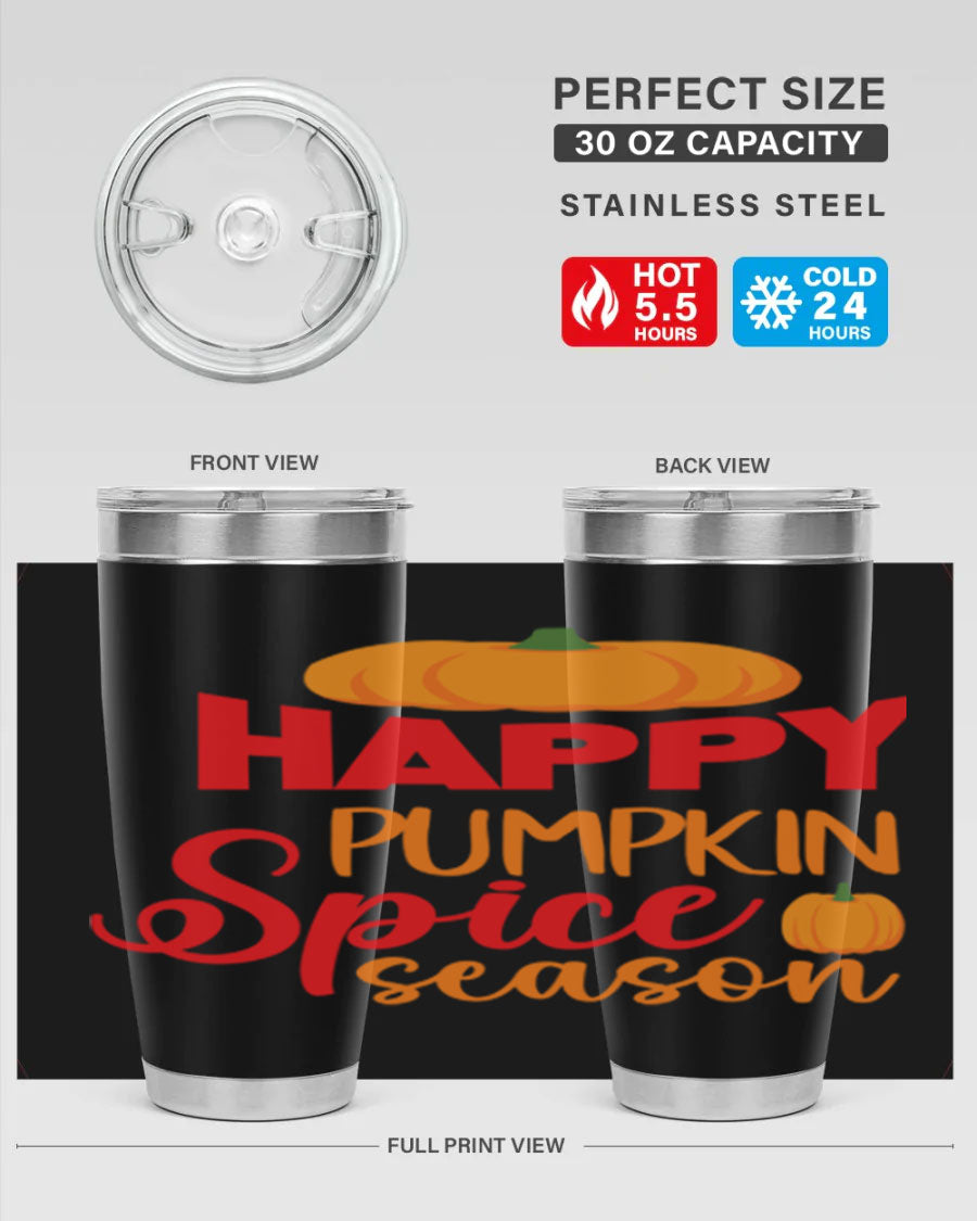 HappyPumpkinSpiceSeason 20oz Tumbler featuring a double wall vacuum design, copper lining, and a drink-thru lid, perfect for fall beverages.