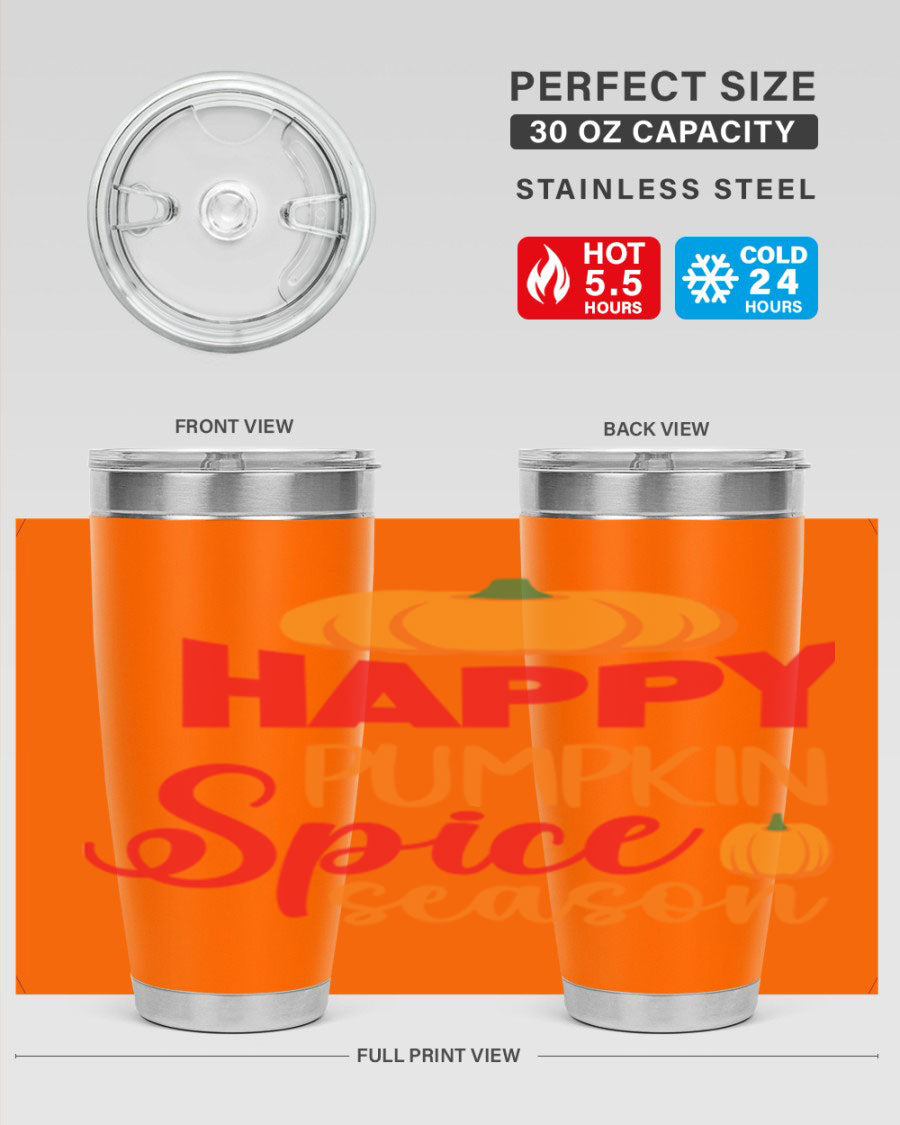 HappyPumpkinSpiceSeason 20oz Tumbler featuring a double wall vacuum design, copper lining, and a drink-thru lid, perfect for fall beverages.