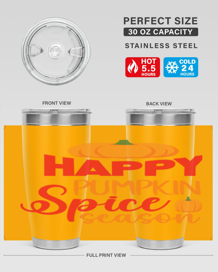 HappyPumpkinSpiceSeason 20oz Tumbler featuring a double wall vacuum design, copper lining, and a drink-thru lid, perfect for fall beverages.