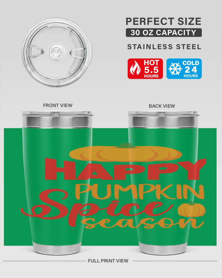 HappyPumpkinSpiceSeason 20oz Tumbler featuring a double wall vacuum design, copper lining, and a drink-thru lid, perfect for fall beverages.