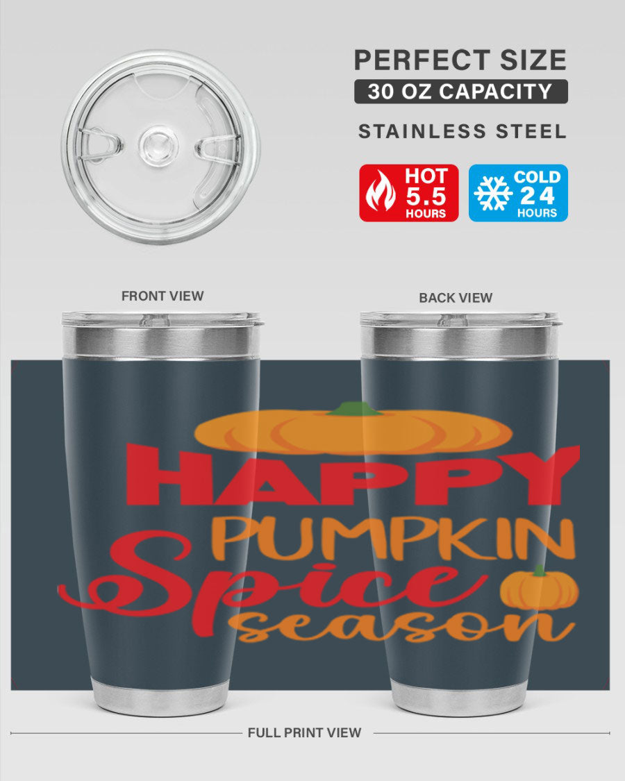 HappyPumpkinSpiceSeason 20oz Tumbler featuring a double wall vacuum design, copper lining, and a drink-thru lid, perfect for fall beverages.