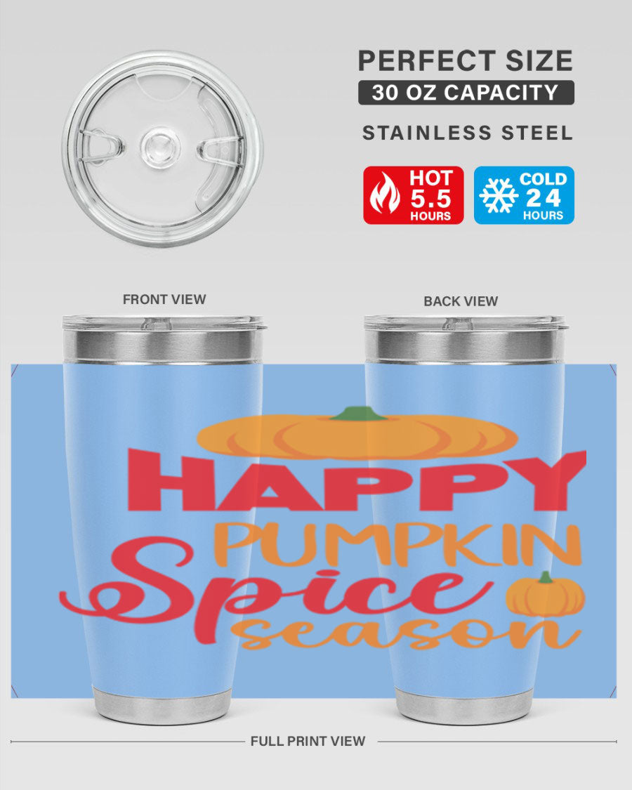 HappyPumpkinSpiceSeason 20oz Tumbler featuring a double wall vacuum design, copper lining, and a drink-thru lid, perfect for fall beverages.