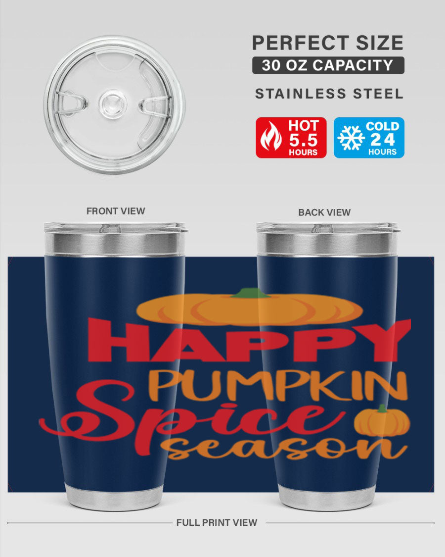 HappyPumpkinSpiceSeason 20oz Tumbler featuring a double wall vacuum design, copper lining, and a drink-thru lid, perfect for fall beverages.