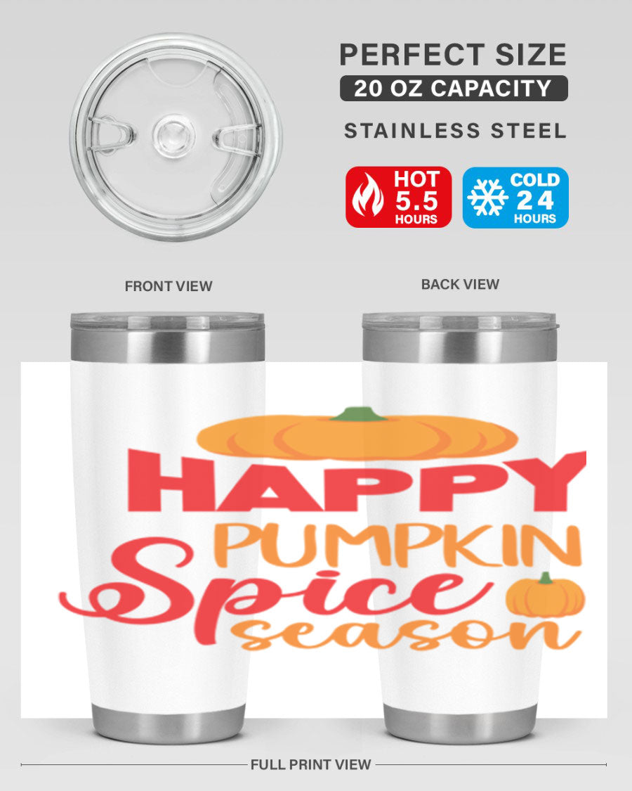 HappyPumpkinSpiceSeason 20oz Tumbler featuring a double wall vacuum design, copper lining, and a drink-thru lid, perfect for fall beverages.