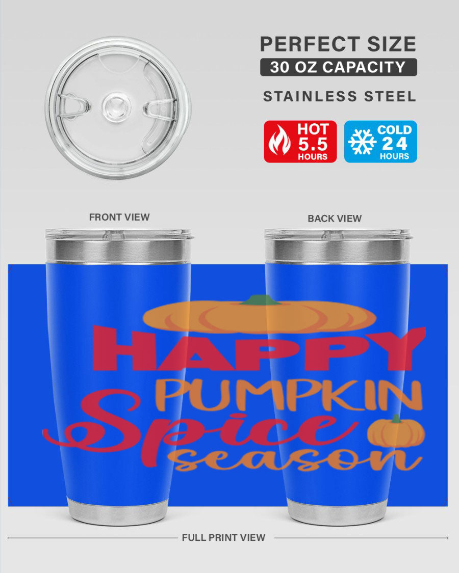 HappyPumpkinSpiceSeason 20oz Tumbler featuring a double wall vacuum design, copper lining, and a drink-thru lid, perfect for fall beverages.