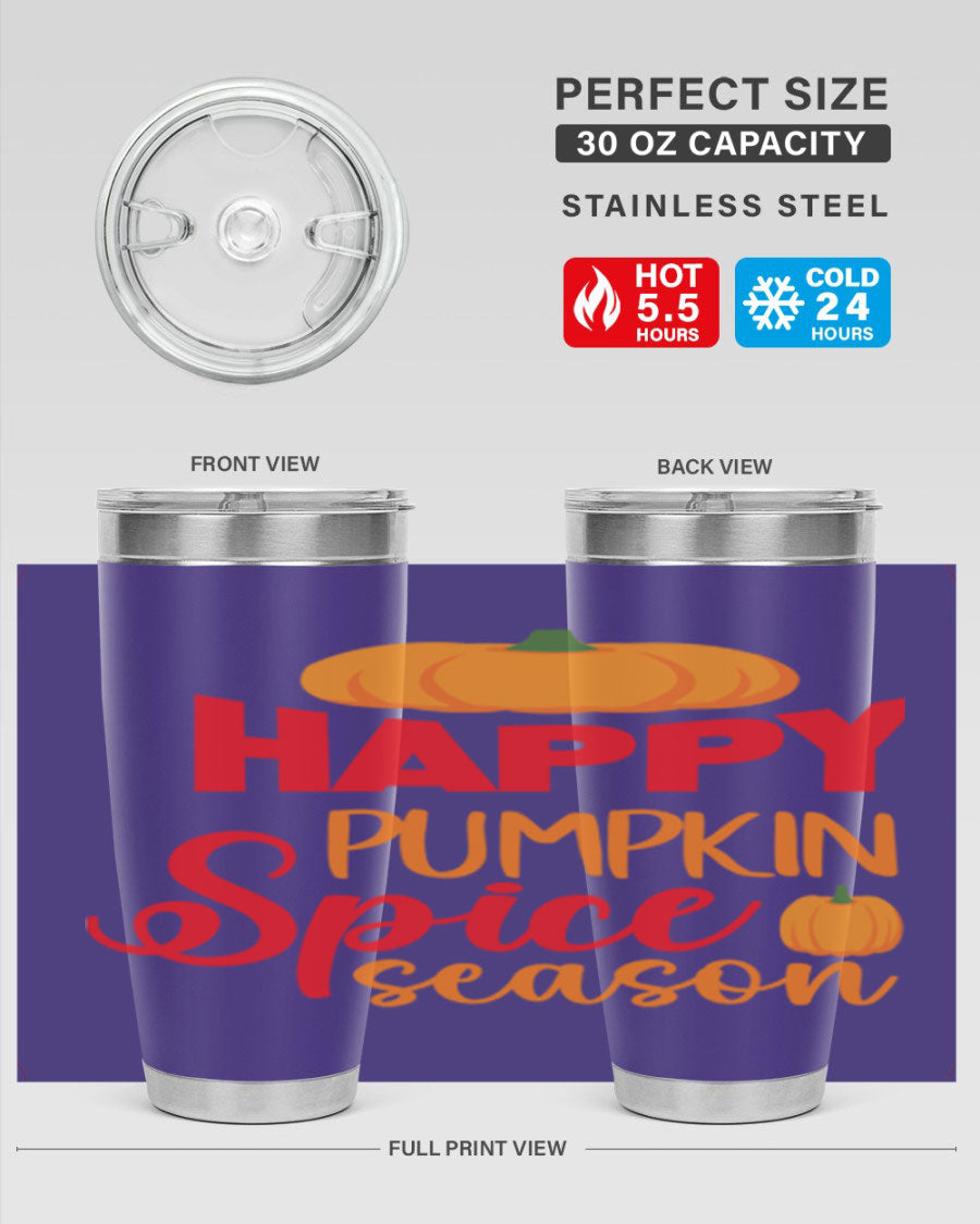HappyPumpkinSpiceSeason 20oz Tumbler featuring a double wall vacuum design, copper lining, and a drink-thru lid, perfect for fall beverages.