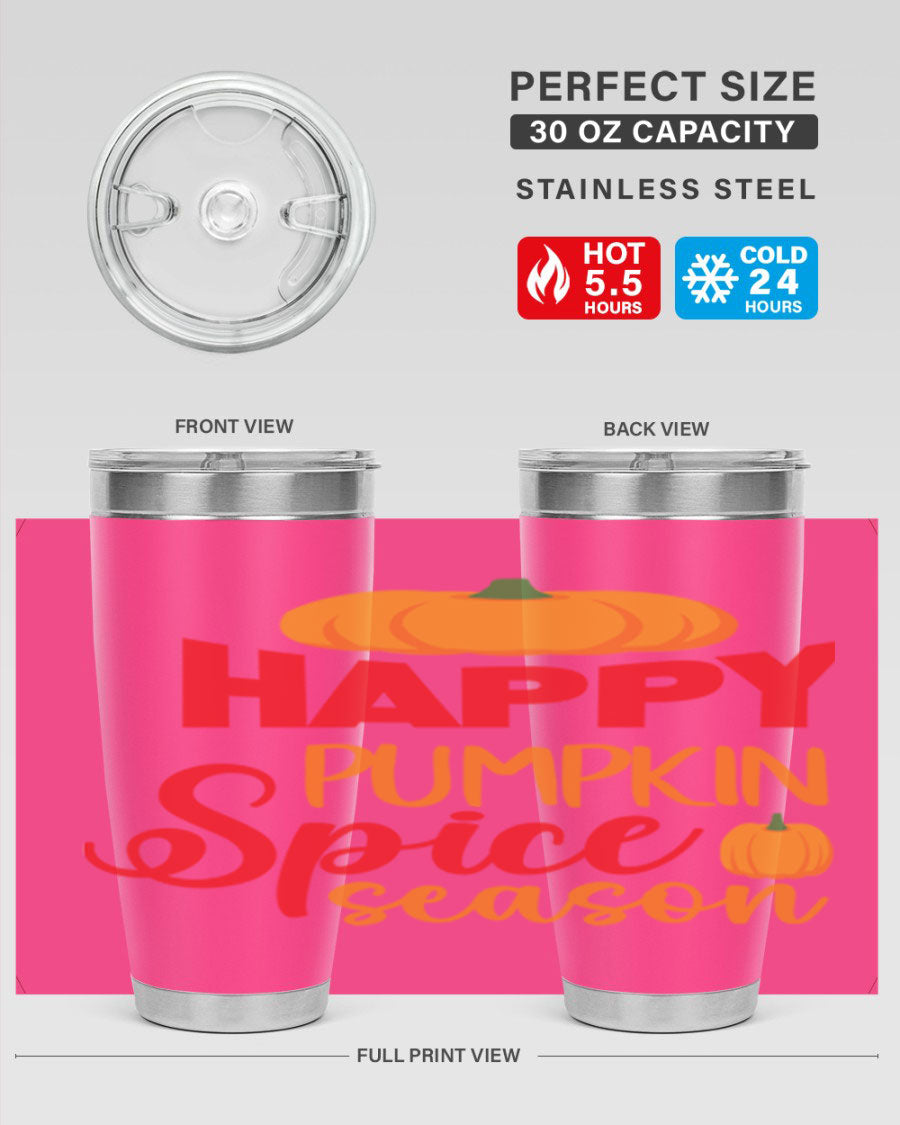 HappyPumpkinSpiceSeason 20oz Tumbler featuring a double wall vacuum design, copper lining, and a drink-thru lid, perfect for fall beverages.