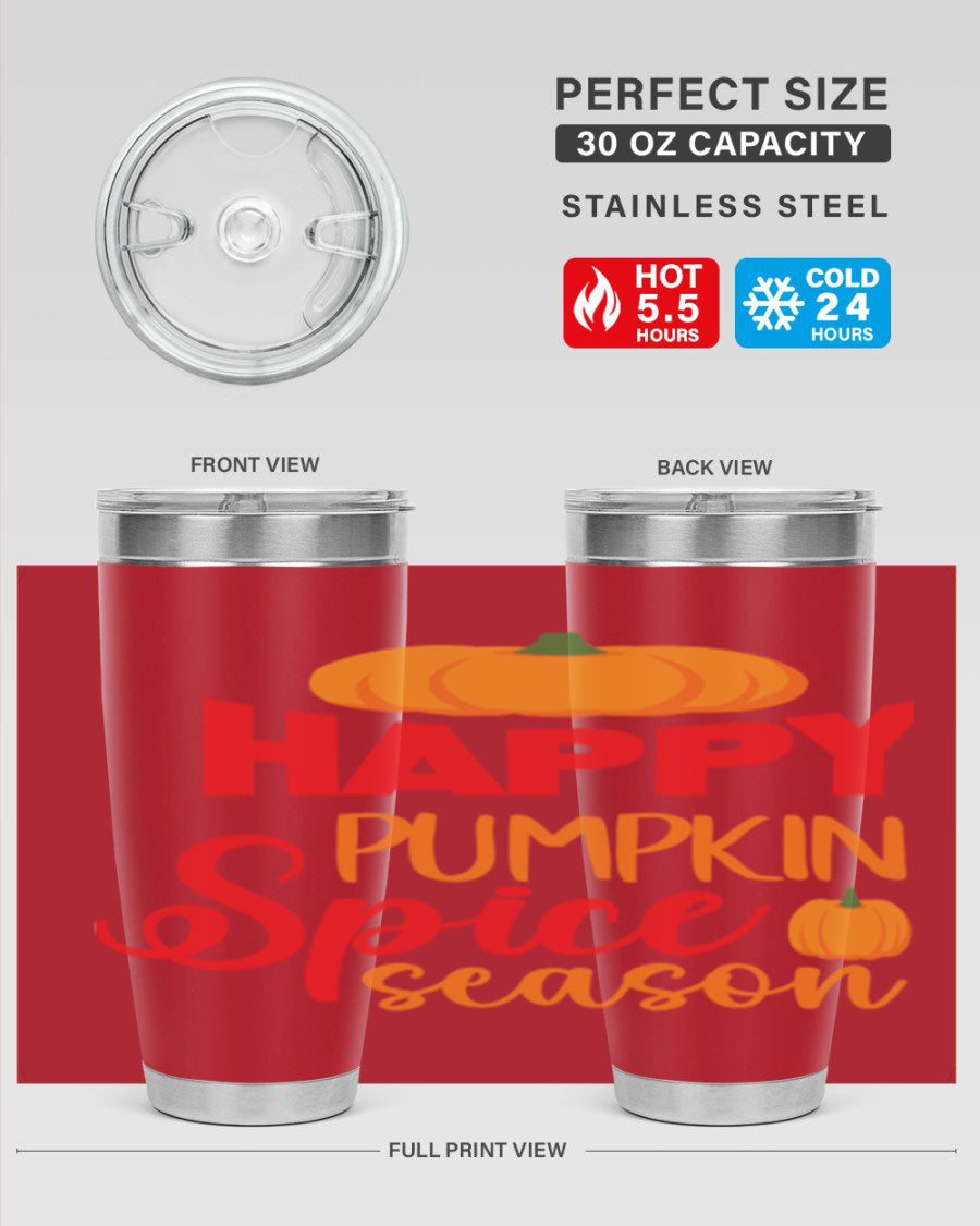 HappyPumpkinSpiceSeason 20oz Tumbler featuring a double wall vacuum design, copper lining, and a drink-thru lid, perfect for fall beverages.