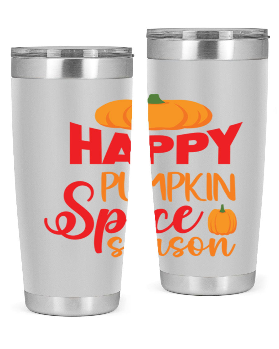 HappyPumpkinSpiceSeason 20oz Tumbler featuring a double wall vacuum design, copper lining, and a drink-thru lid, perfect for fall beverages.