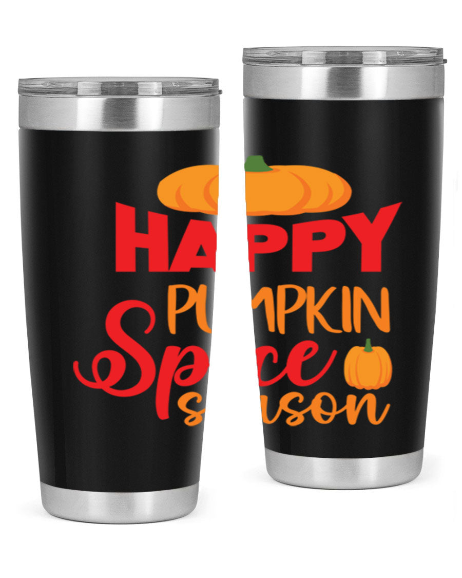 HappyPumpkinSpiceSeason 20oz Tumbler featuring a double wall vacuum design, copper lining, and a drink-thru lid, perfect for fall beverages.