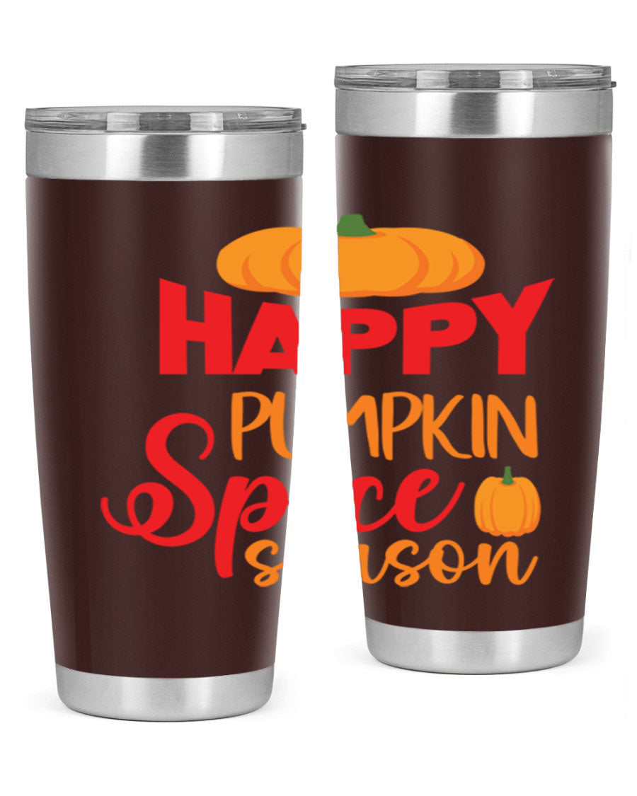 HappyPumpkinSpiceSeason 20oz Tumbler featuring a double wall vacuum design, copper lining, and a drink-thru lid, perfect for fall beverages.