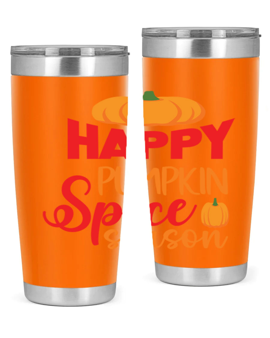 HappyPumpkinSpiceSeason 20oz Tumbler featuring a double wall vacuum design, copper lining, and a drink-thru lid, perfect for fall beverages.
