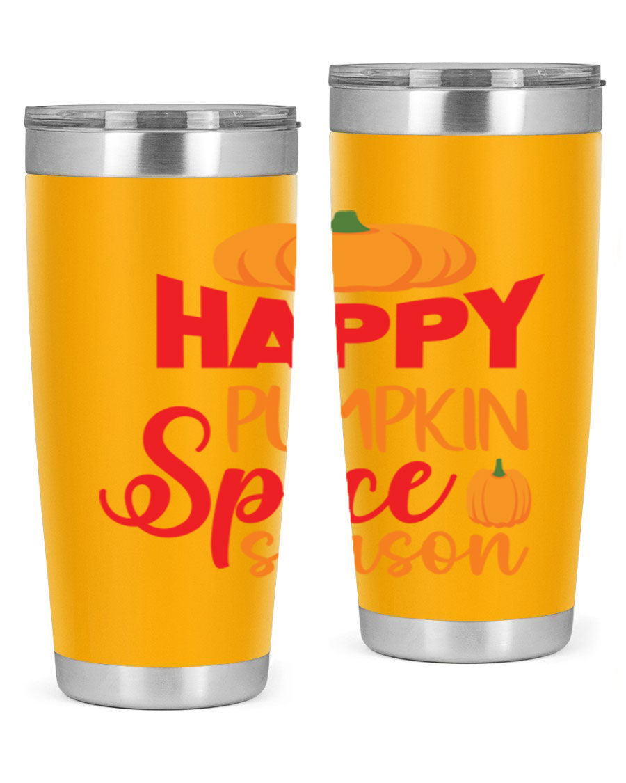 HappyPumpkinSpiceSeason 20oz Tumbler featuring a double wall vacuum design, copper lining, and a drink-thru lid, perfect for fall beverages.