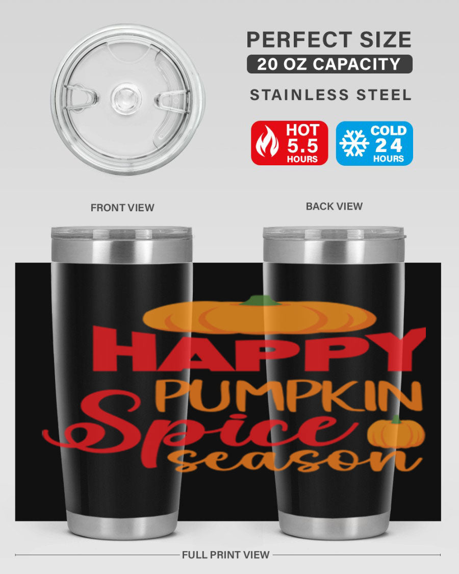 HappyPumpkinSpiceSeason 20oz Tumbler featuring a double wall vacuum design, copper lining, and a drink-thru lid, perfect for fall beverages.