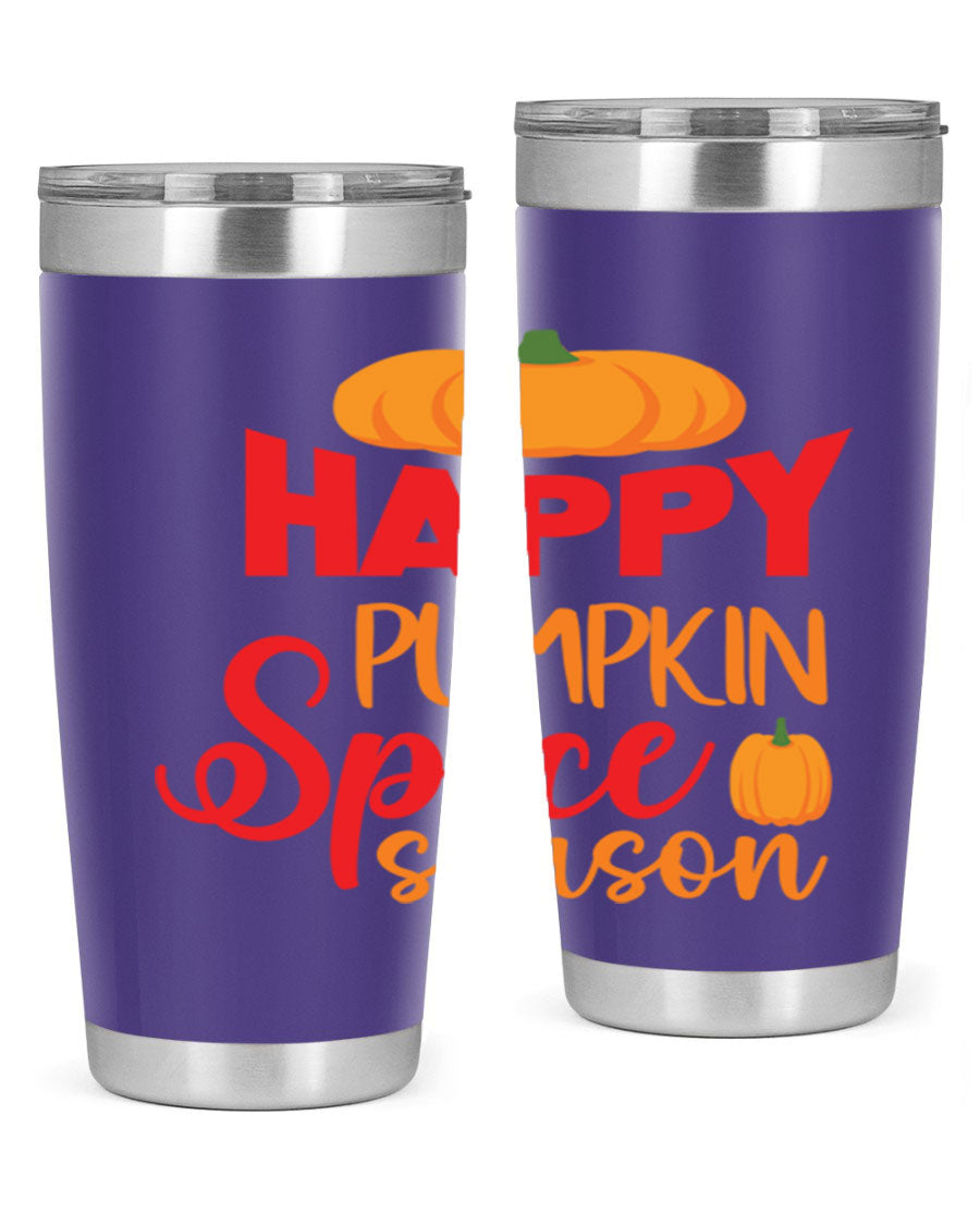 HappyPumpkinSpiceSeason 20oz Tumbler featuring a double wall vacuum design, copper lining, and a drink-thru lid, perfect for fall beverages.