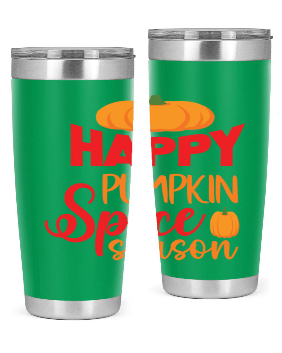 HappyPumpkinSpiceSeason 20oz Tumbler featuring a double wall vacuum design, copper lining, and a drink-thru lid, perfect for fall beverages.