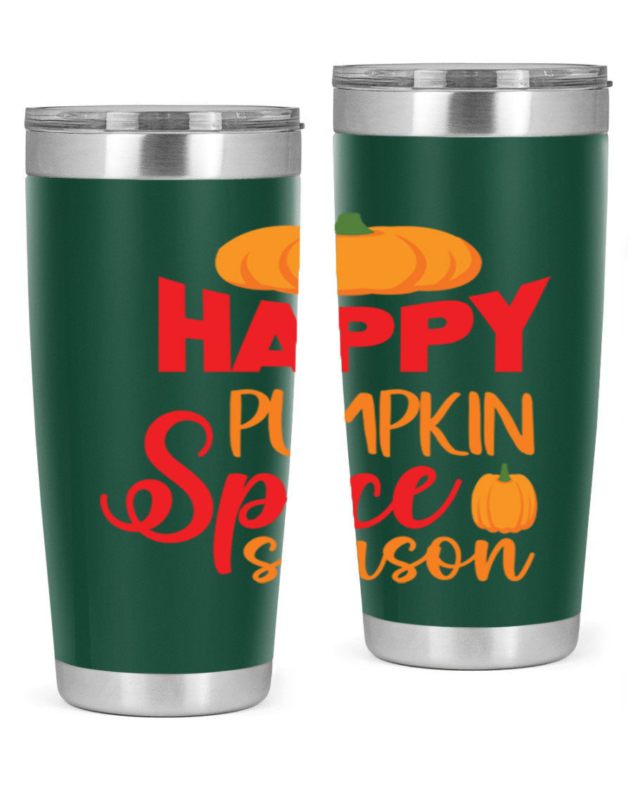 HappyPumpkinSpiceSeason 20oz Tumbler featuring a double wall vacuum design, copper lining, and a drink-thru lid, perfect for fall beverages.
