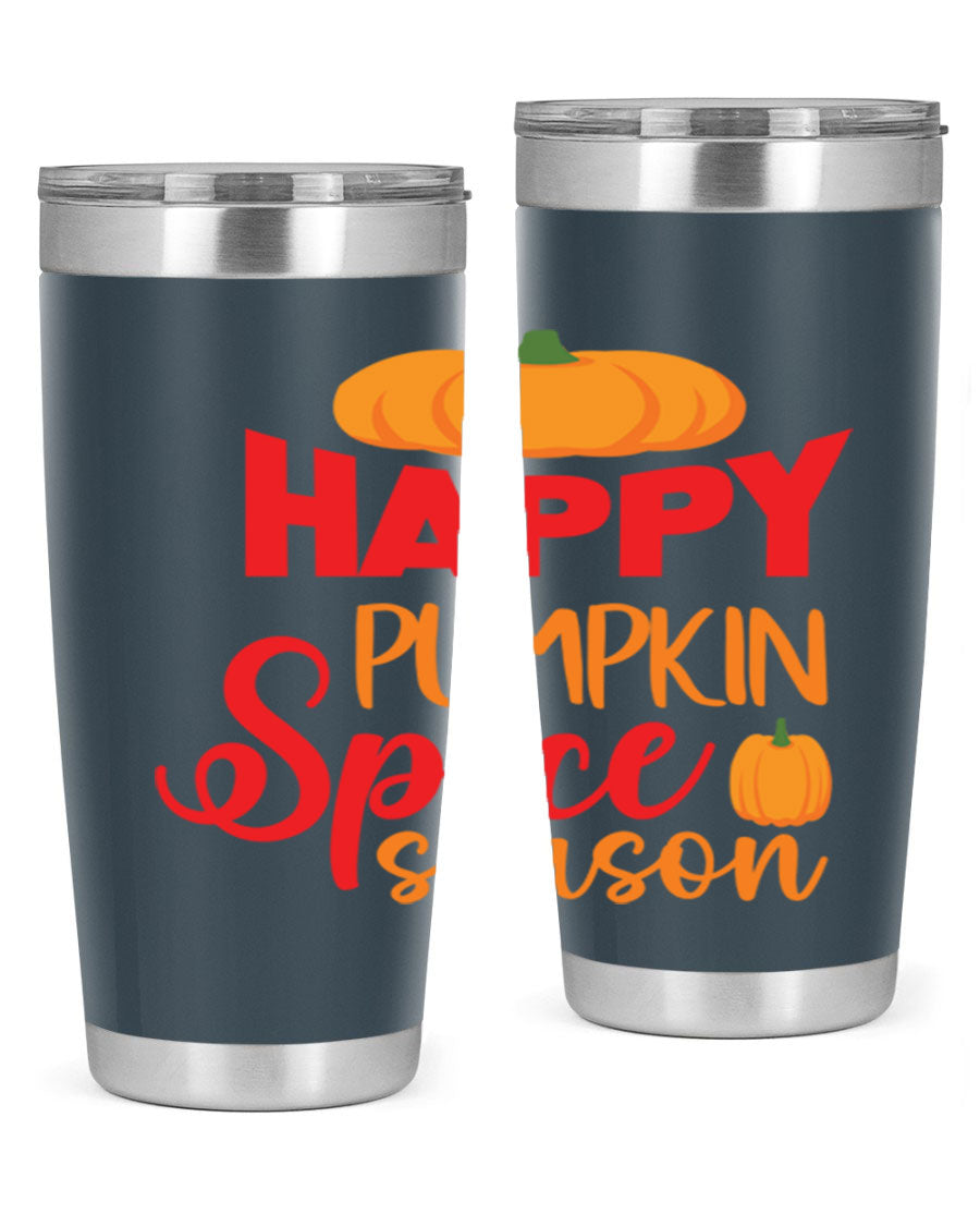 HappyPumpkinSpiceSeason 20oz Tumbler featuring a double wall vacuum design, copper lining, and a drink-thru lid, perfect for fall beverages.