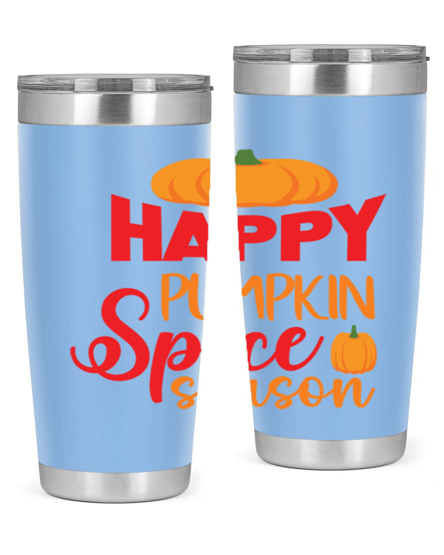 HappyPumpkinSpiceSeason 20oz Tumbler featuring a double wall vacuum design, copper lining, and a drink-thru lid, perfect for fall beverages.
