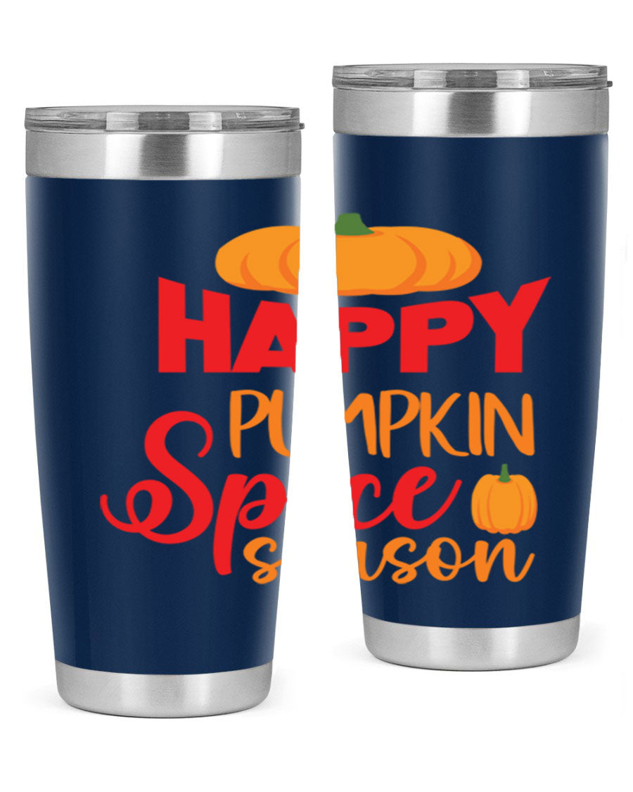 HappyPumpkinSpiceSeason 20oz Tumbler featuring a double wall vacuum design, copper lining, and a drink-thru lid, perfect for fall beverages.