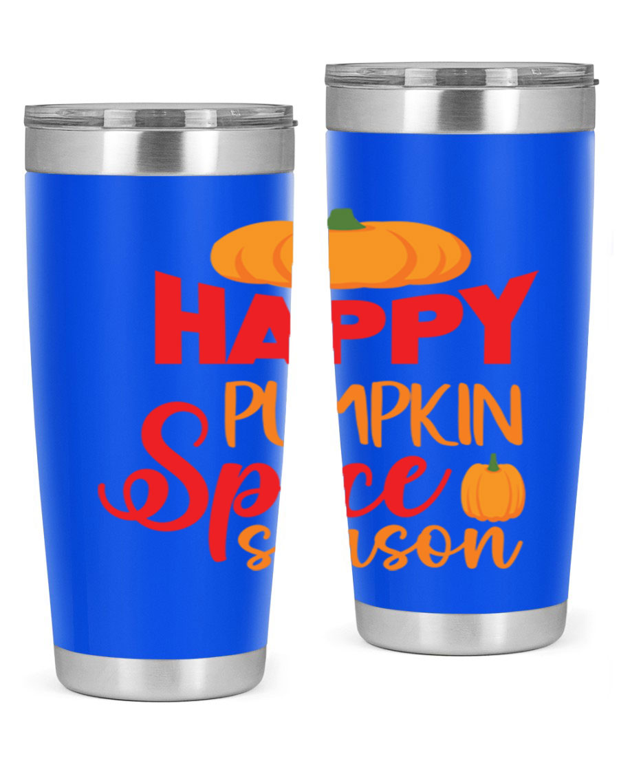 HappyPumpkinSpiceSeason 20oz Tumbler featuring a double wall vacuum design, copper lining, and a drink-thru lid, perfect for fall beverages.