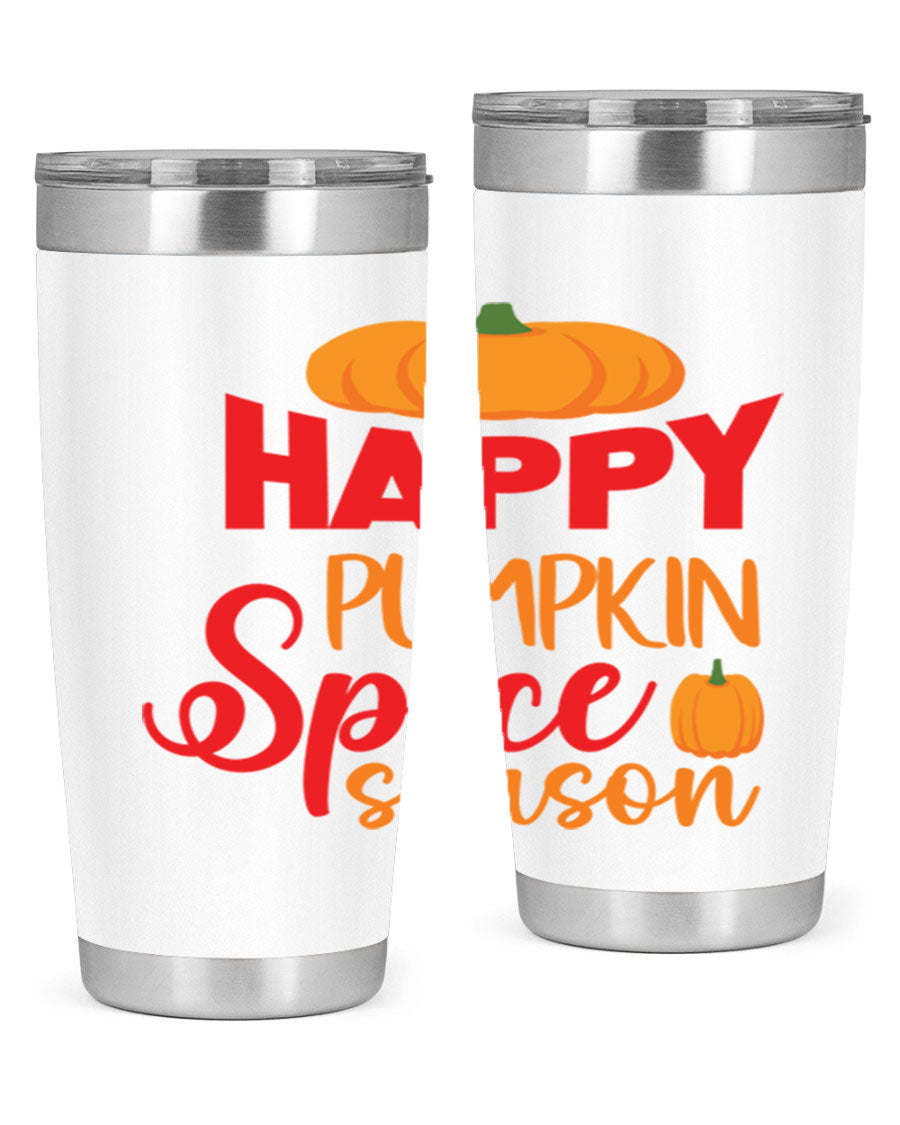 HappyPumpkinSpiceSeason 20oz Tumbler featuring a double wall vacuum design, copper lining, and a drink-thru lid, perfect for fall beverages.