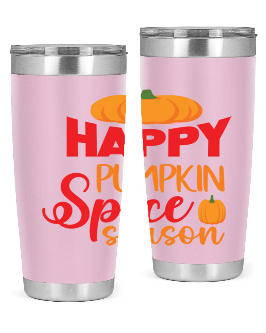HappyPumpkinSpiceSeason 20oz Tumbler featuring a double wall vacuum design, copper lining, and a drink-thru lid, perfect for fall beverages.