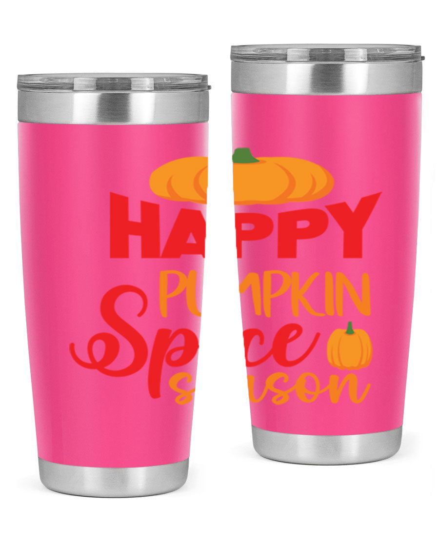 HappyPumpkinSpiceSeason 20oz Tumbler featuring a double wall vacuum design, copper lining, and a drink-thru lid, perfect for fall beverages.