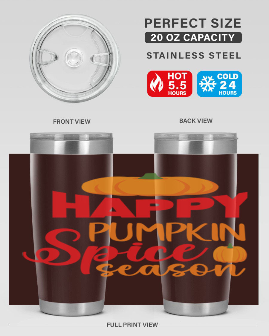 HappyPumpkinSpiceSeason 20oz Tumbler featuring a double wall vacuum design, copper lining, and a drink-thru lid, perfect for fall beverages.