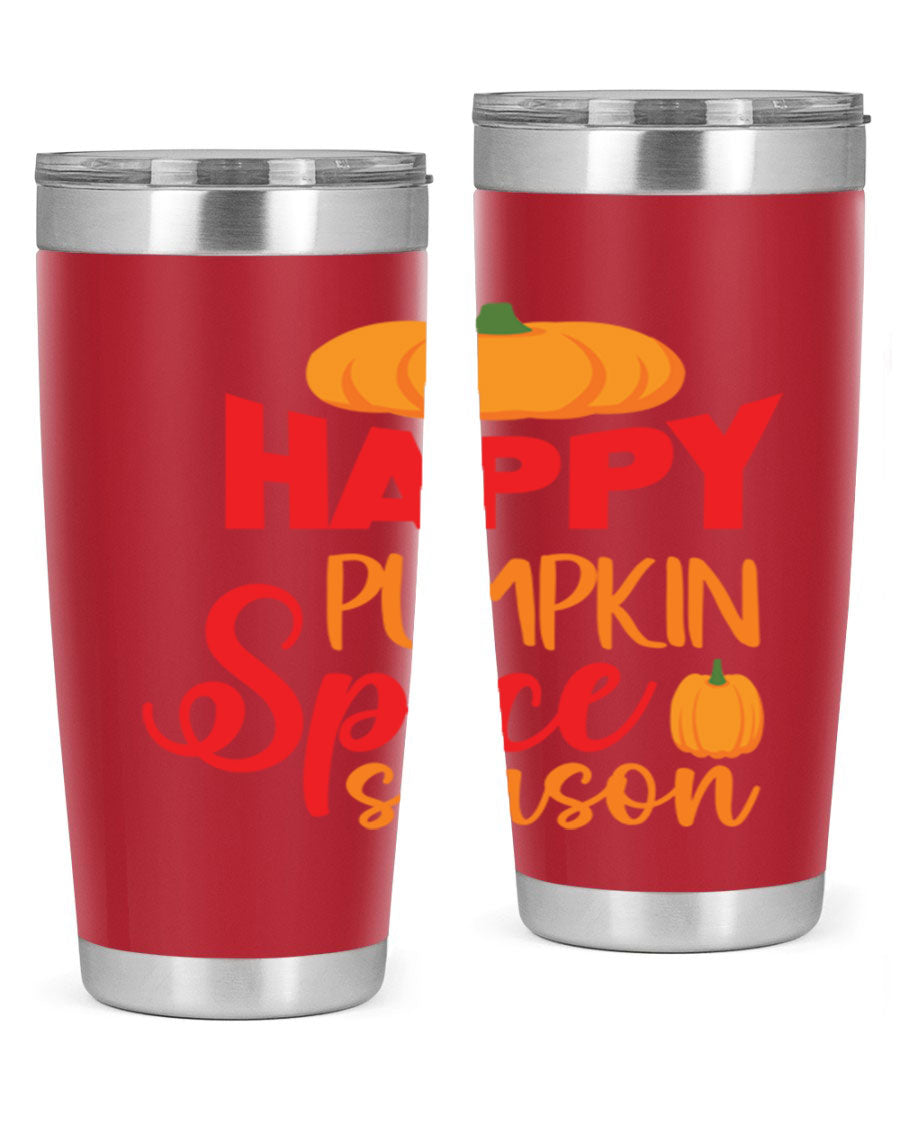 HappyPumpkinSpiceSeason 20oz Tumbler featuring a double wall vacuum design, copper lining, and a drink-thru lid, perfect for fall beverages.